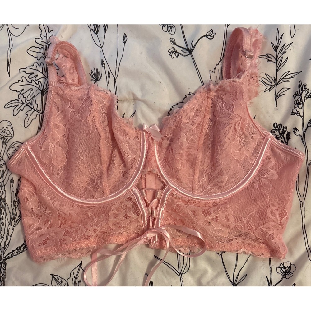 Light Pink Unlined Lace Longline Front Lace Up Detail Bralette, Size Large